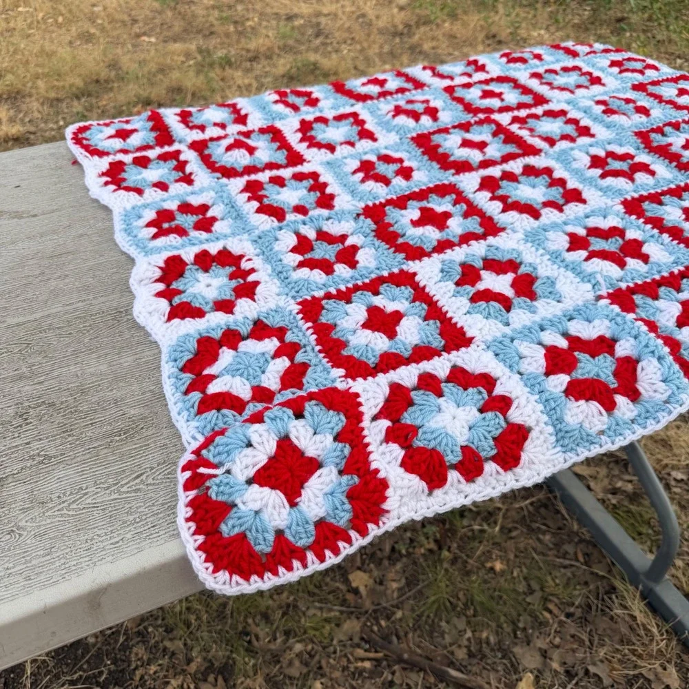 Handmade Crochet Granny Square Blanket Red White Blue Throw 39x33 Cottagecore